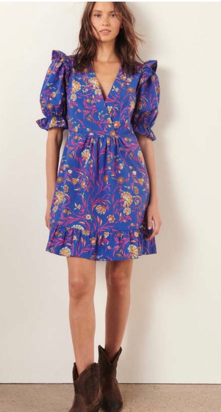 Ba&sh Popy Poplin Cotton Mini Dress Blue Multi Size Small
